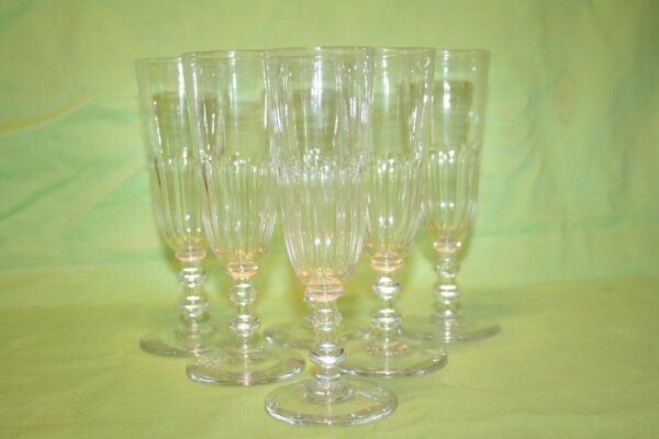 Set de 6 flutes a champagne cristal taillé cotes plates Baccarat Saint Louis 19ème
