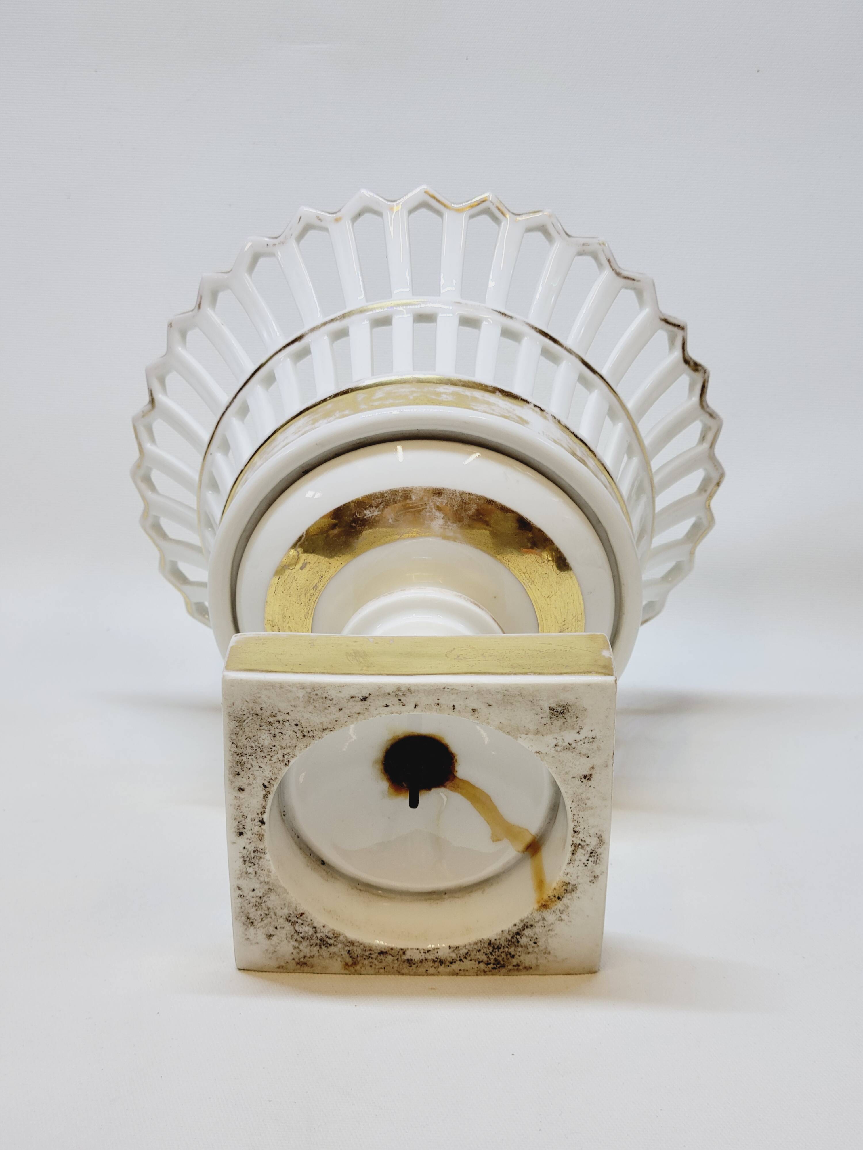 Bowl on Pedestal Openwork Basket White and Gold Porcelain Restoration E