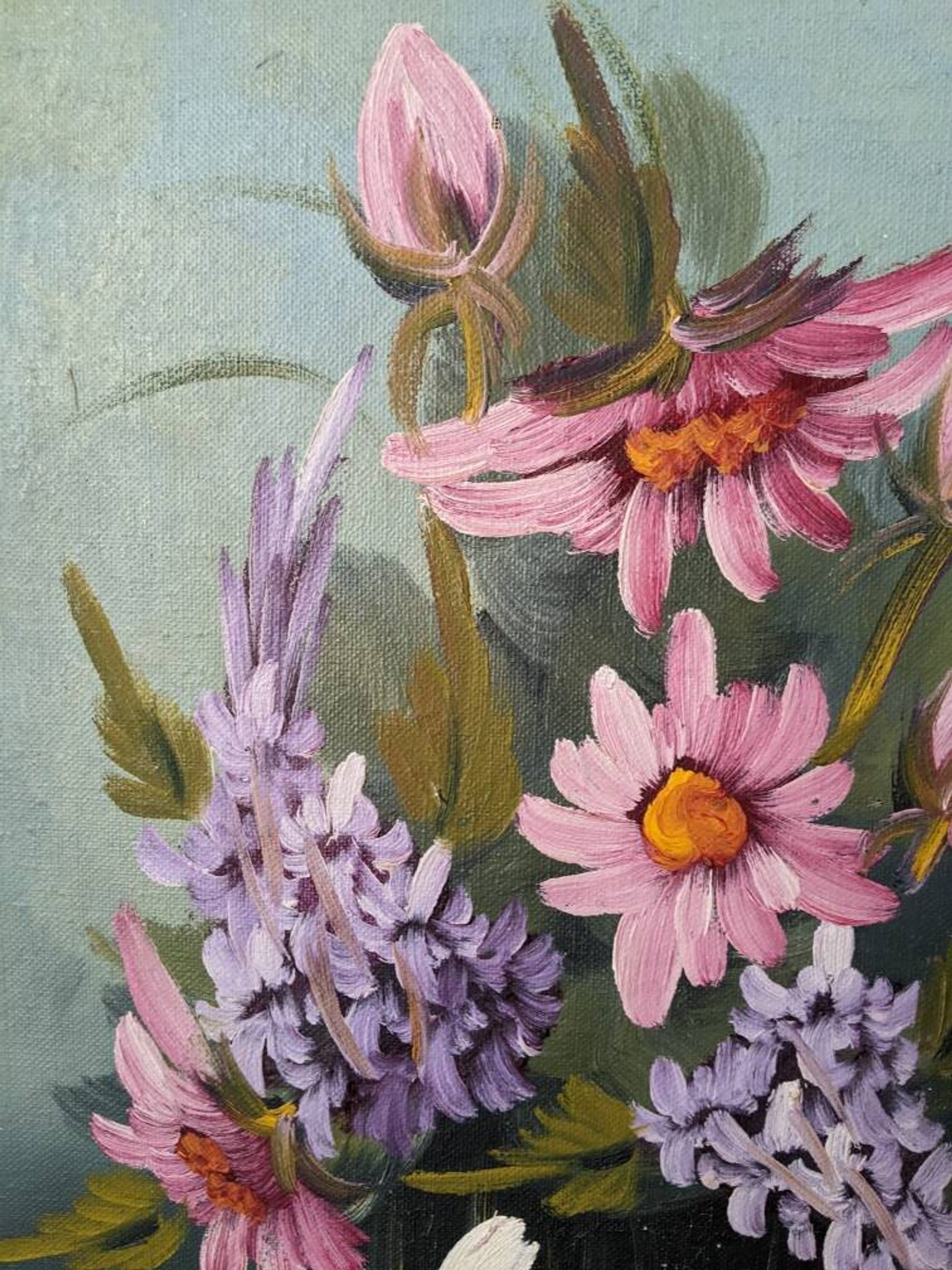 Acrylic painting on canvas, bohemian countryside decoration, flowers, still life