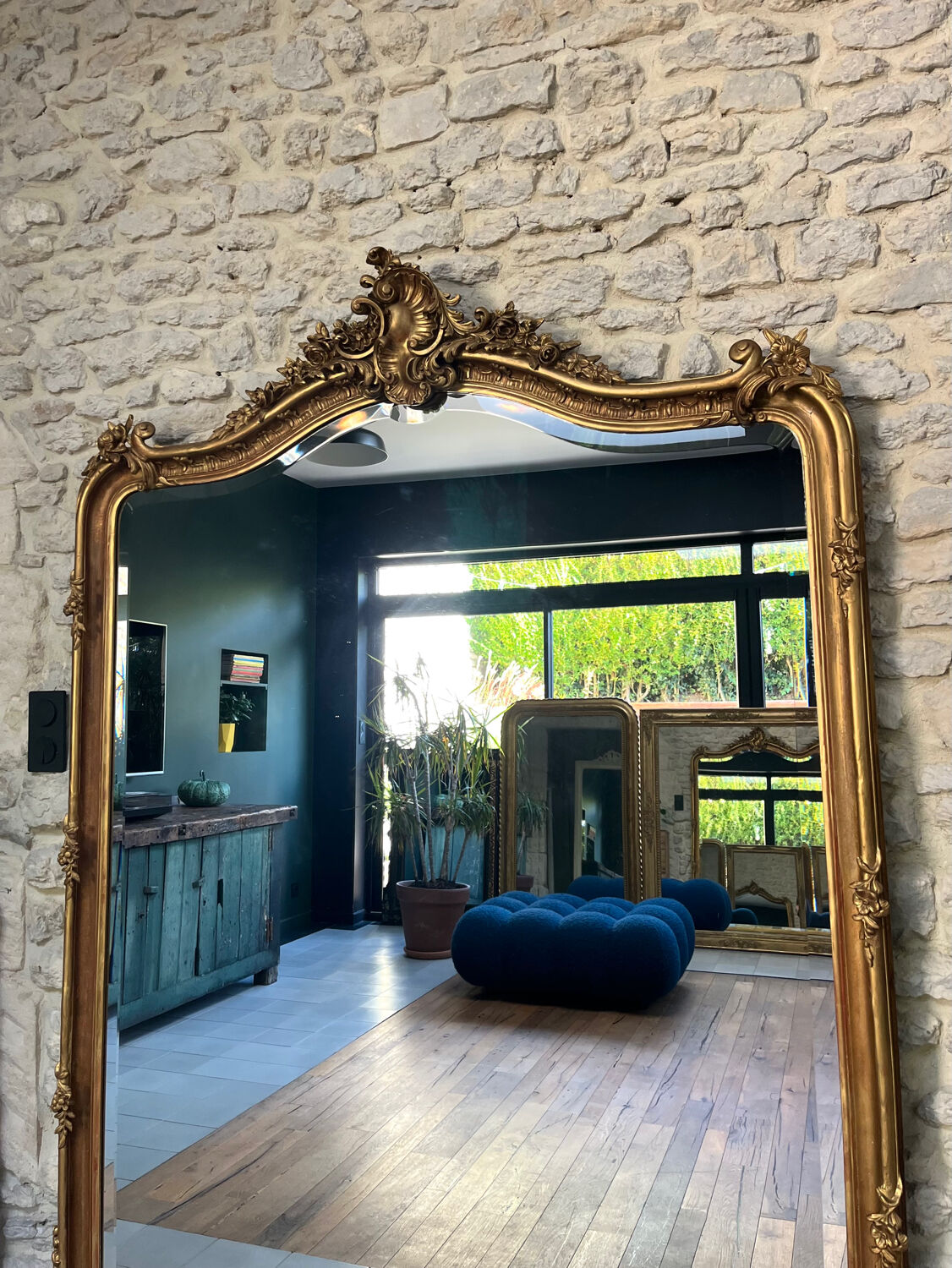 Antique mirror with pediment, 199.5/147cm, late 19th century, beveled glass