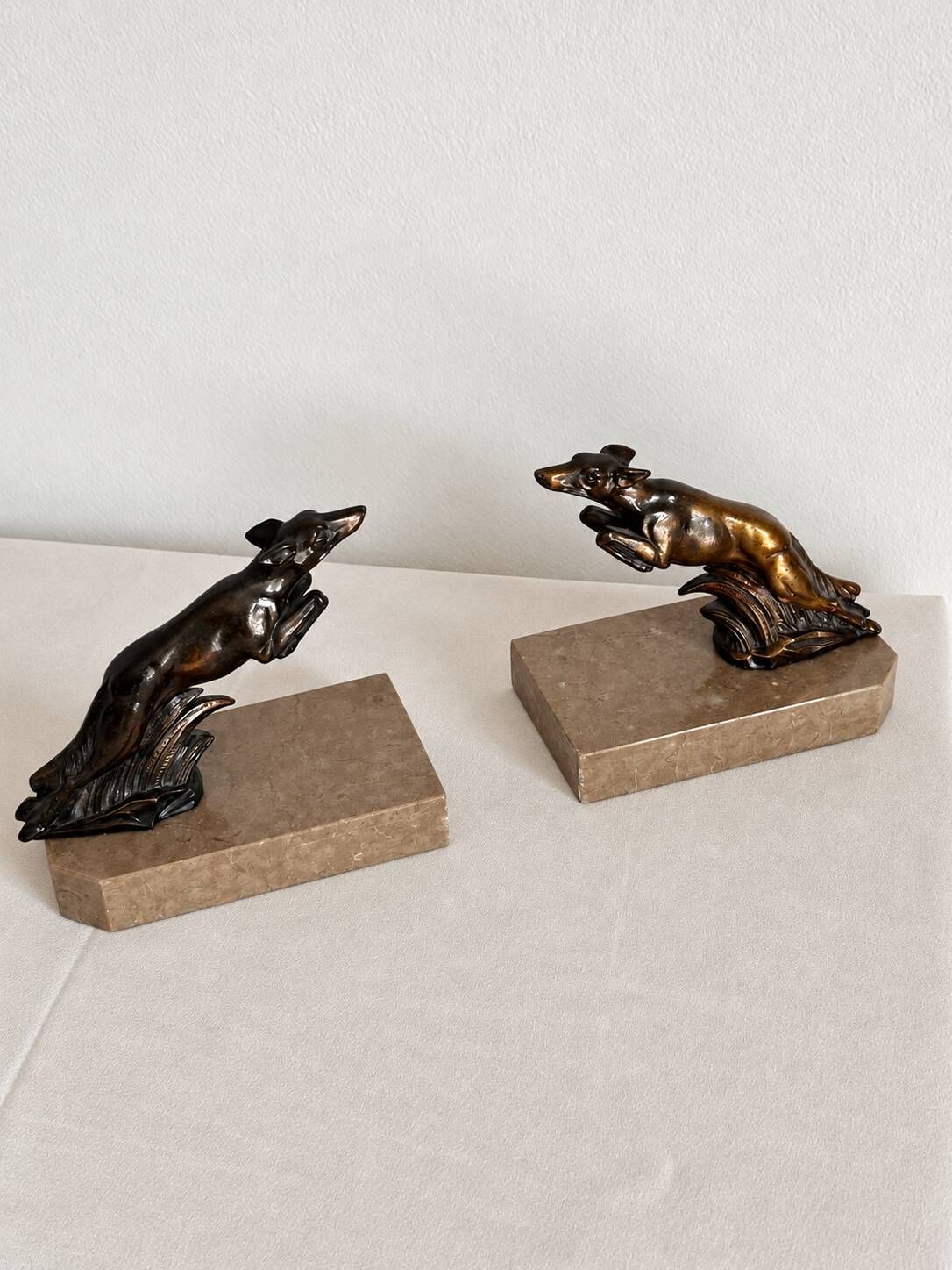 Marble and bronze metal bookends, Art Deco, greyhound, bookshelf.