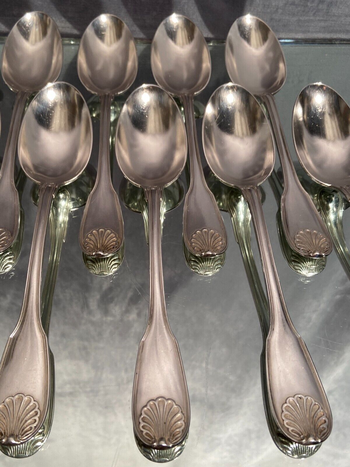 Suite of 12 large spoons silver metal decoration shell Louis XV Boulenger