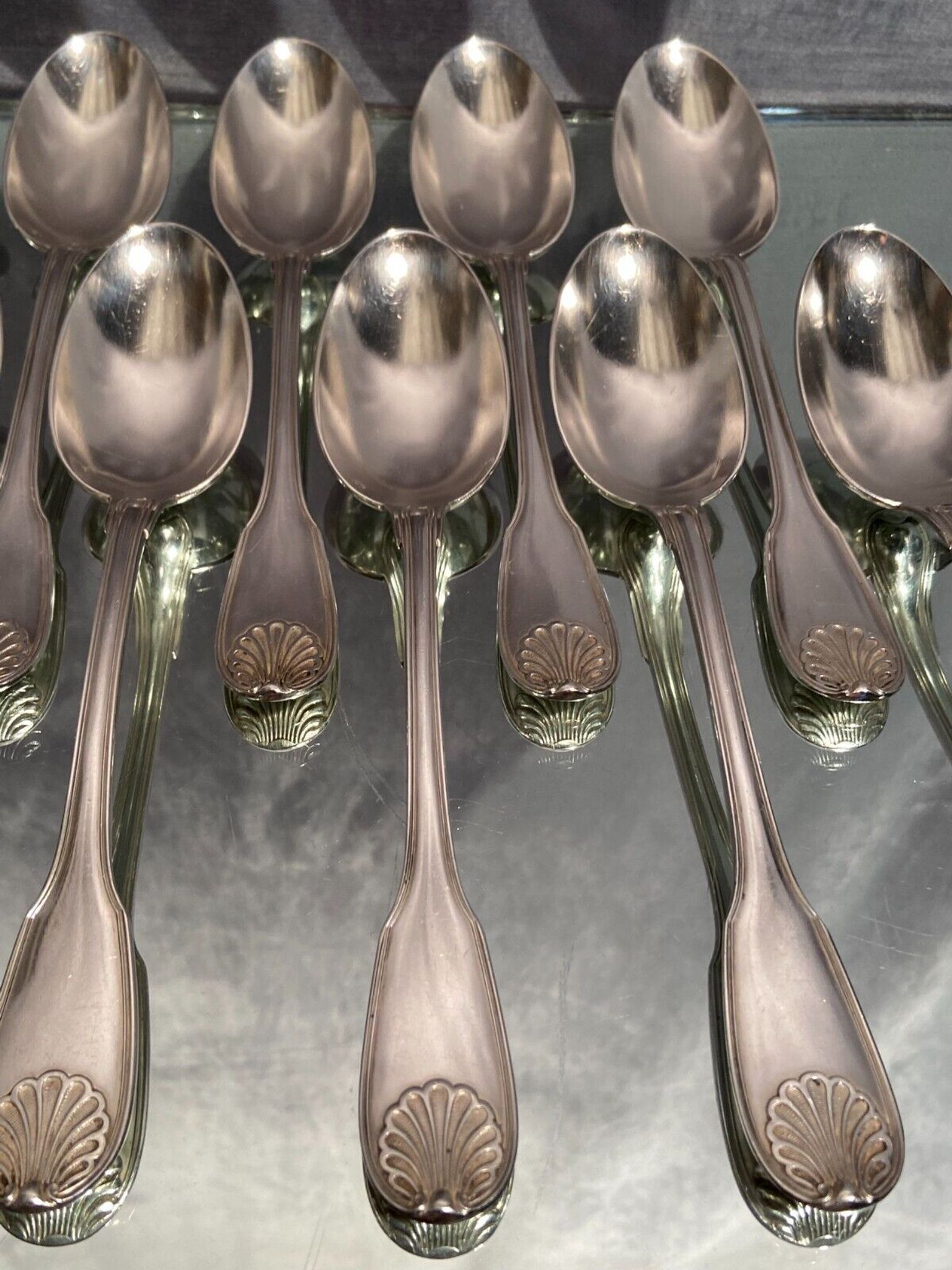 Suite of 12 large spoons silver metal decoration shell Louis XV Boulenger