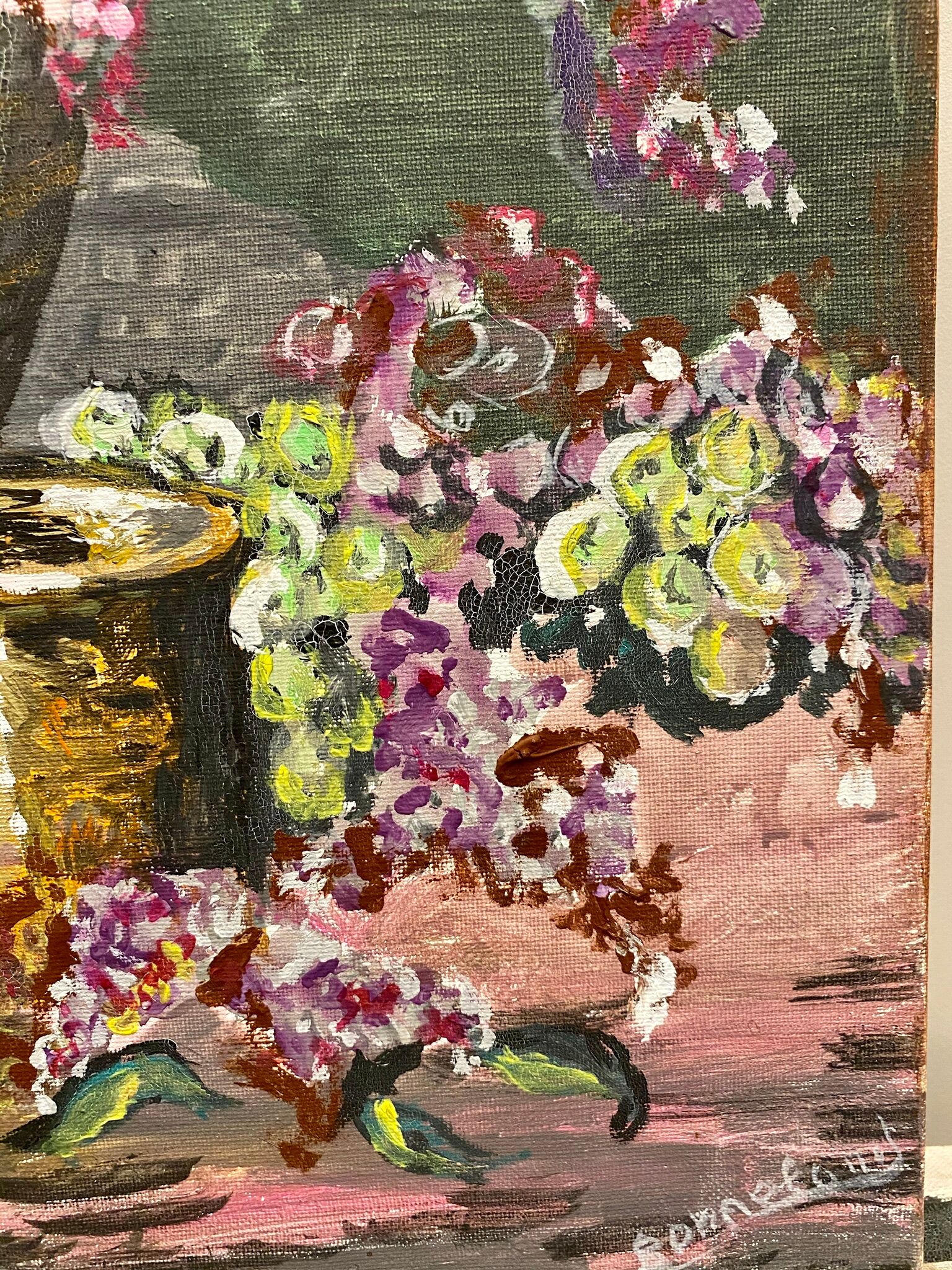 Ancient painting, still life with lilas and iris signed Bonnefond 70s