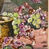 Ancient painting, still life with lilas and iris signed Bonnefond 70s
