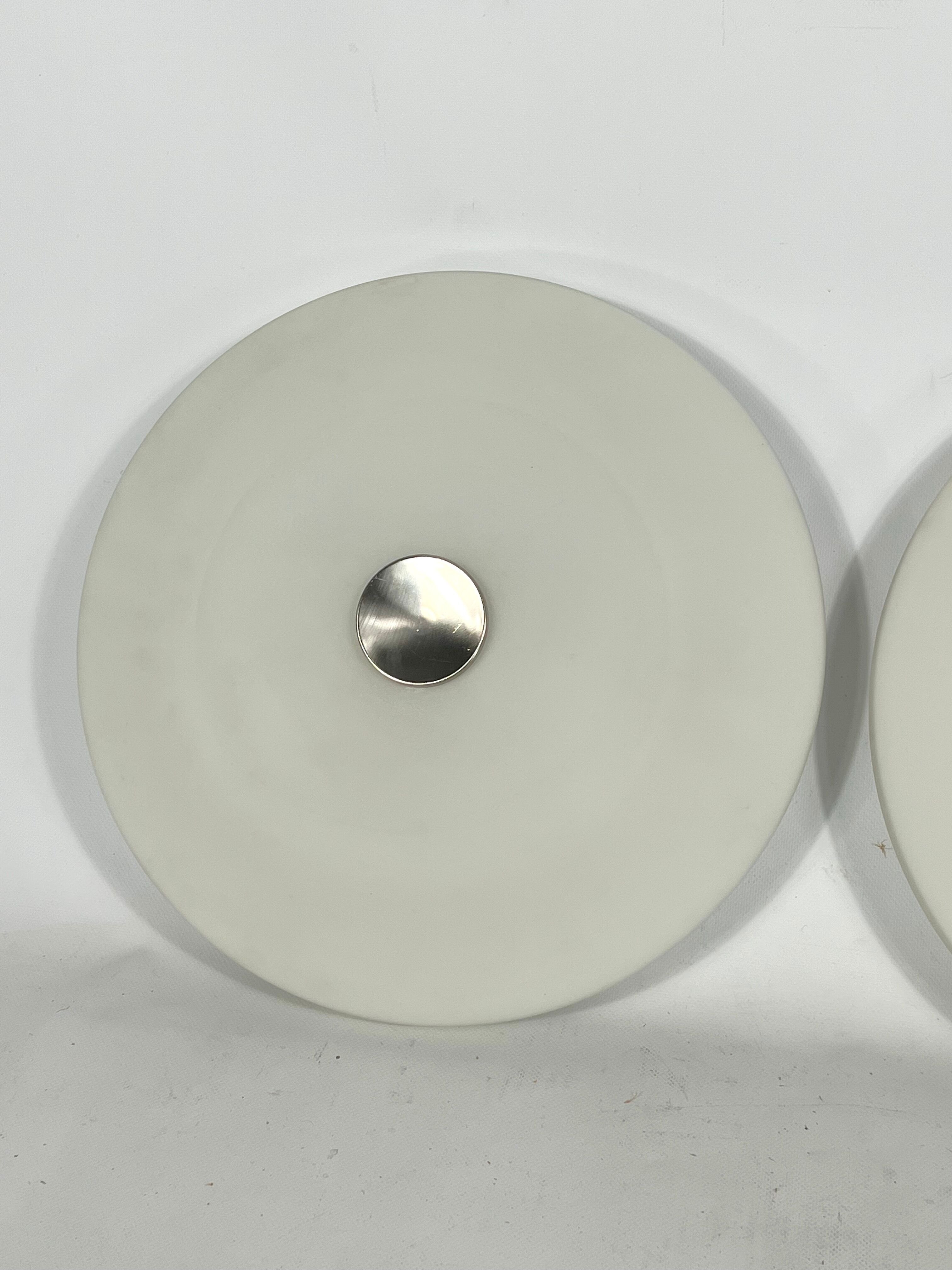 Stilux Milano, pair of round opaline glass ceiling lamps. 1960s