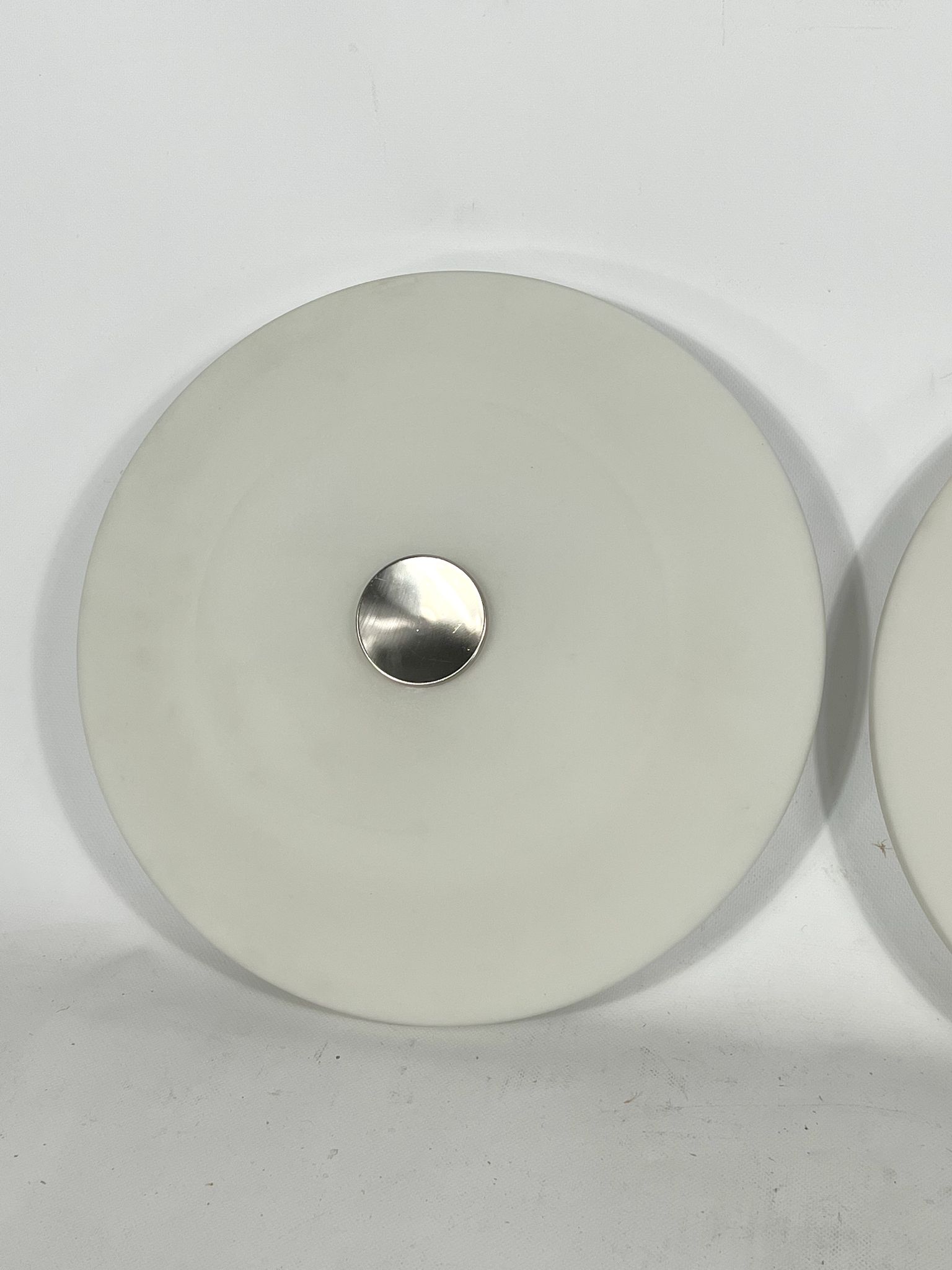 Stilux Milano, pair of round opaline glass ceiling lamps. 1960s