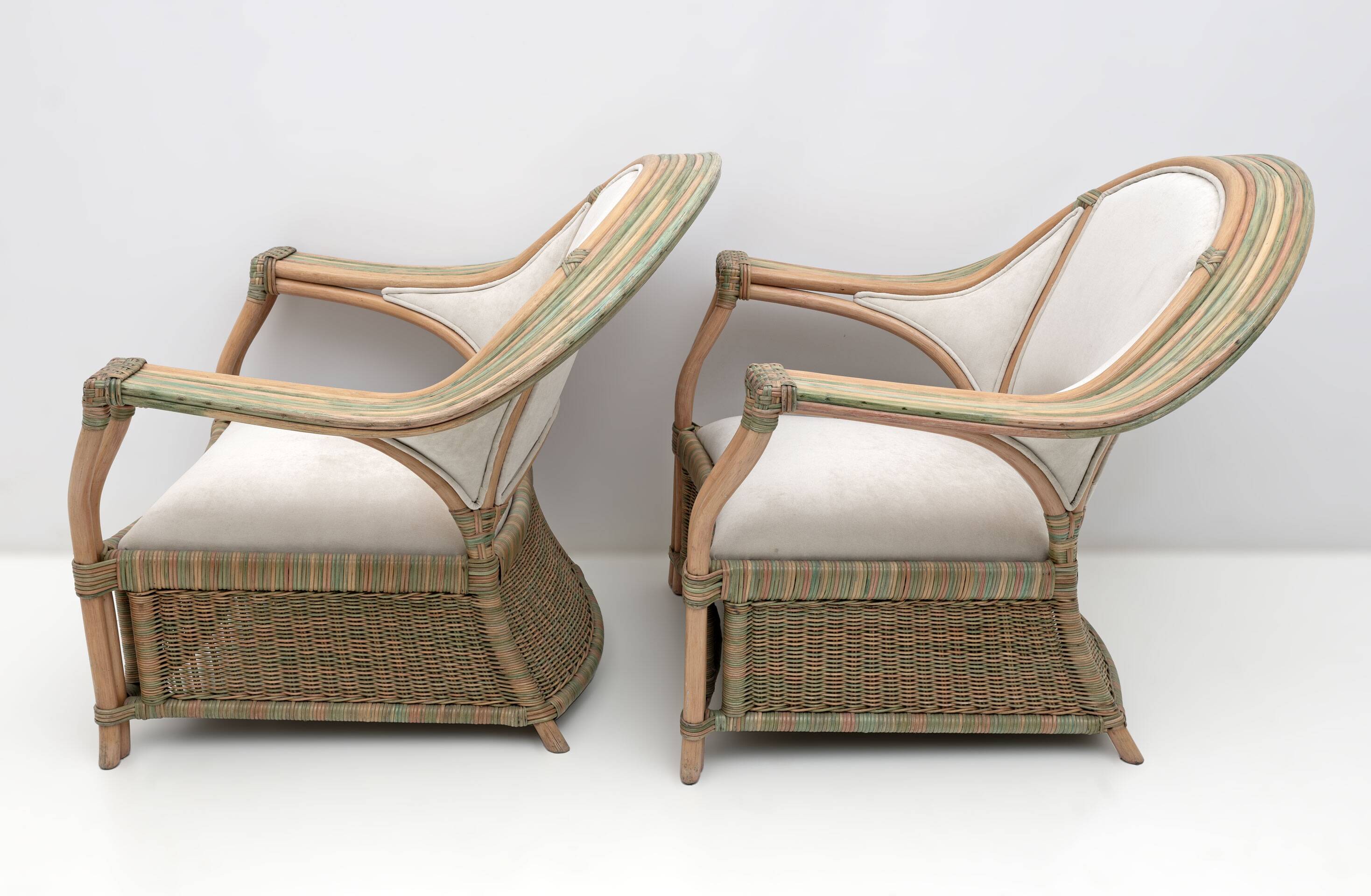 Mid-century Modern Italian Rattan and Wicker Two Armchairs and Sofa, 1970s