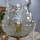 Brass foot table lamp, transparent textured molded globe, art deco style