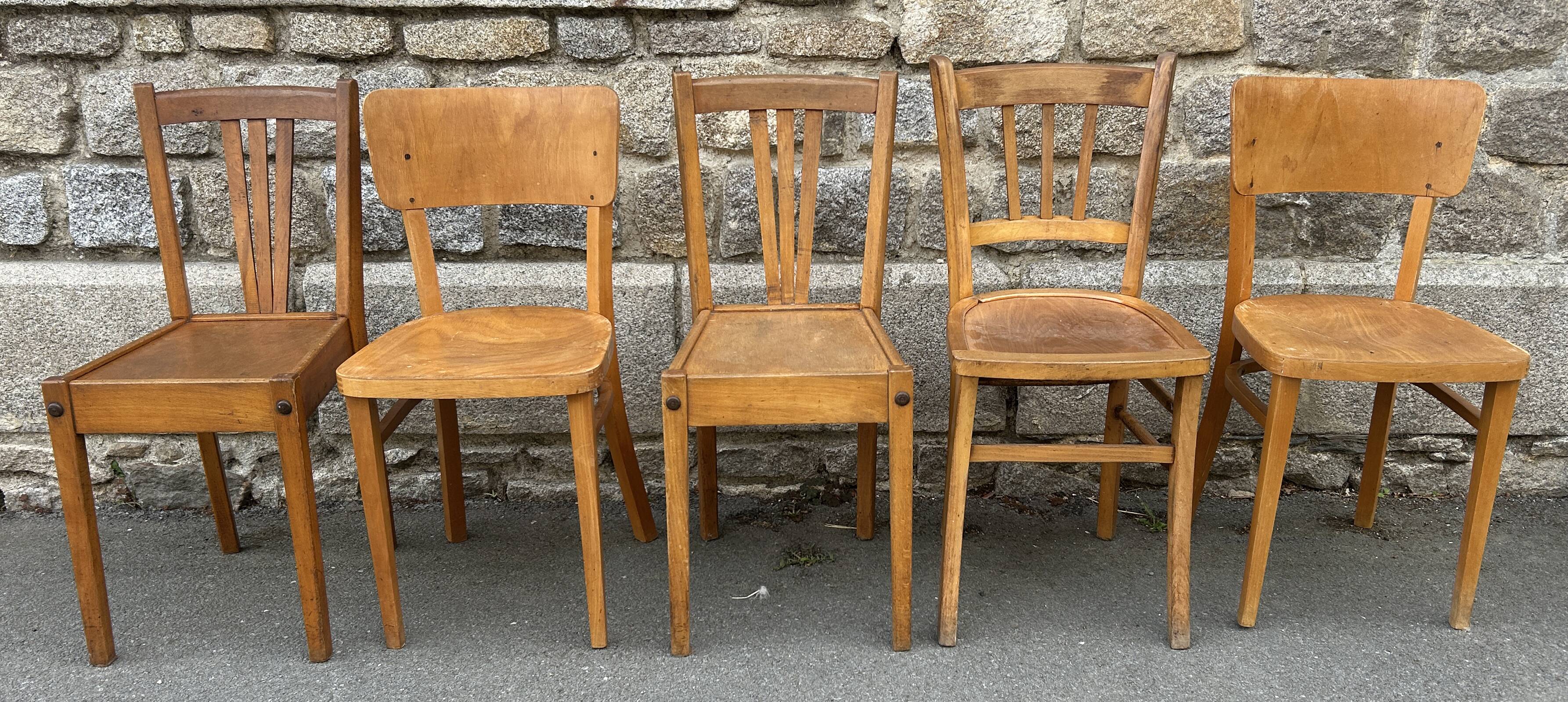 Set of 5 mismatched vintage blond wood bistro chairs