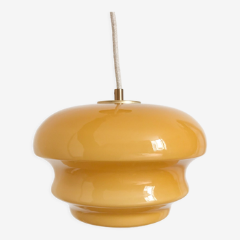 Suspension vintage opaline jaune moutarde