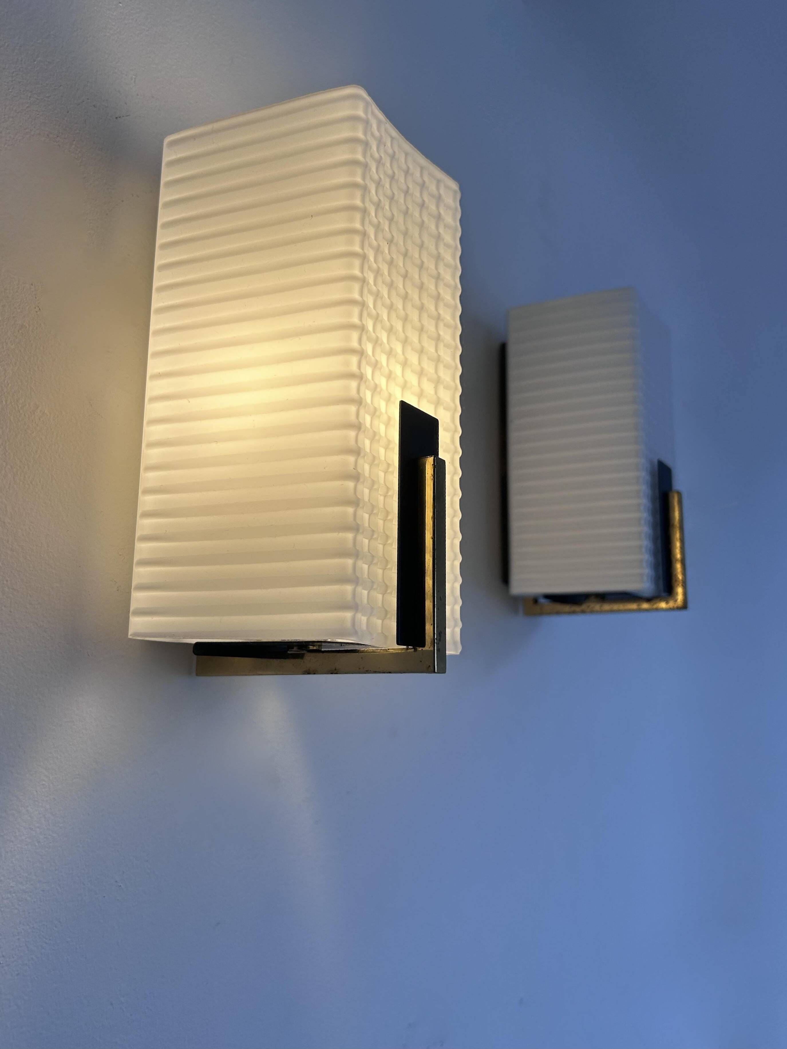 Pair of vintage wall lights, brass and opaline, France 1960