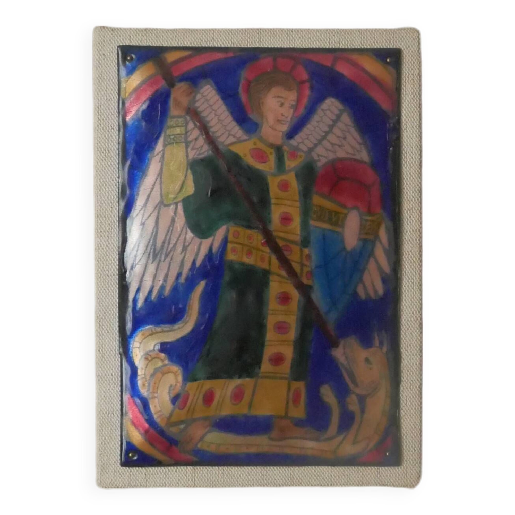 Enamel of the great fire of Saint Michael on a wooden frame religious object Saint Martin Abbey decoration frame