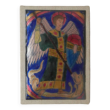 Enamel of the great fire of Saint Michael on a wooden frame religious object Saint Martin Abbey decoration frame