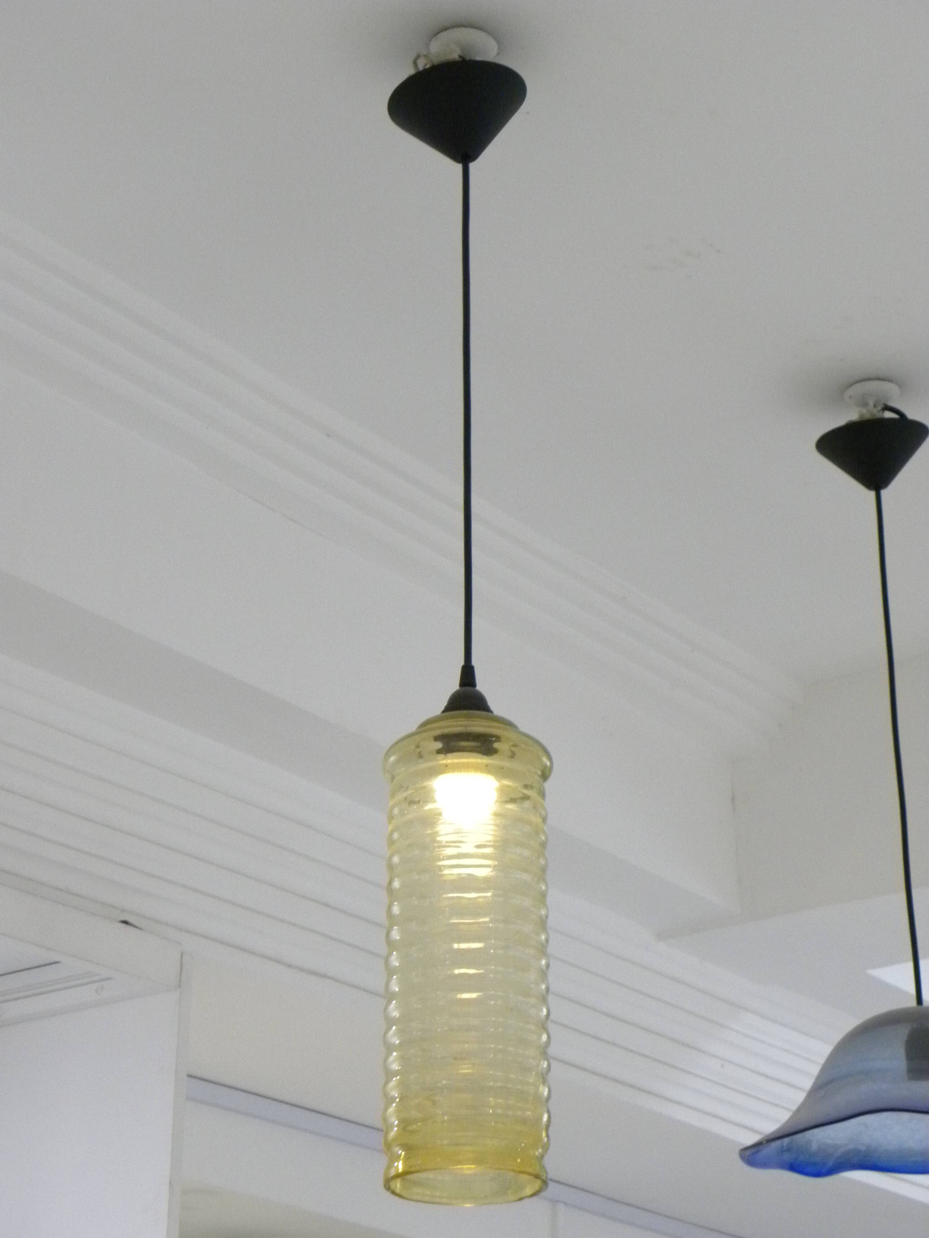 Yellow ribbed glass vintage retro cylindrical pendant lamp
