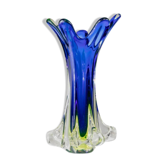 XXL Fratelli Toso Murano Glass Vase in Blue with Clear Outer Layer, 1960s Italian Decorative Art