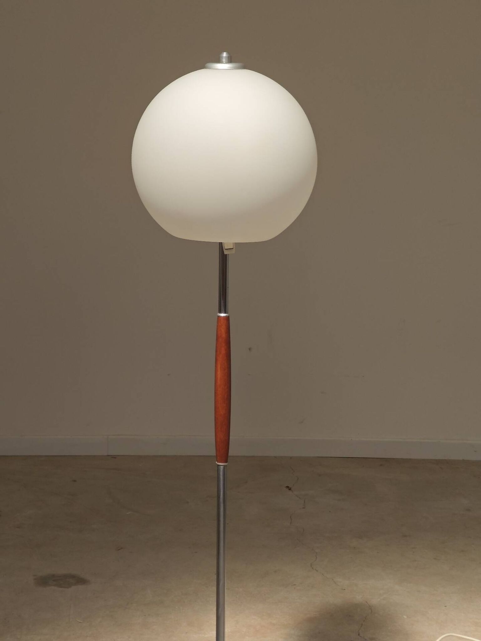 Modernist floor lamp in teak, chrome metal, opaline, Czechoslovakia 60s