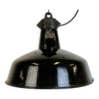 Industrial Black Enamel Factory Lamp with Cast Iron Top, 1950s