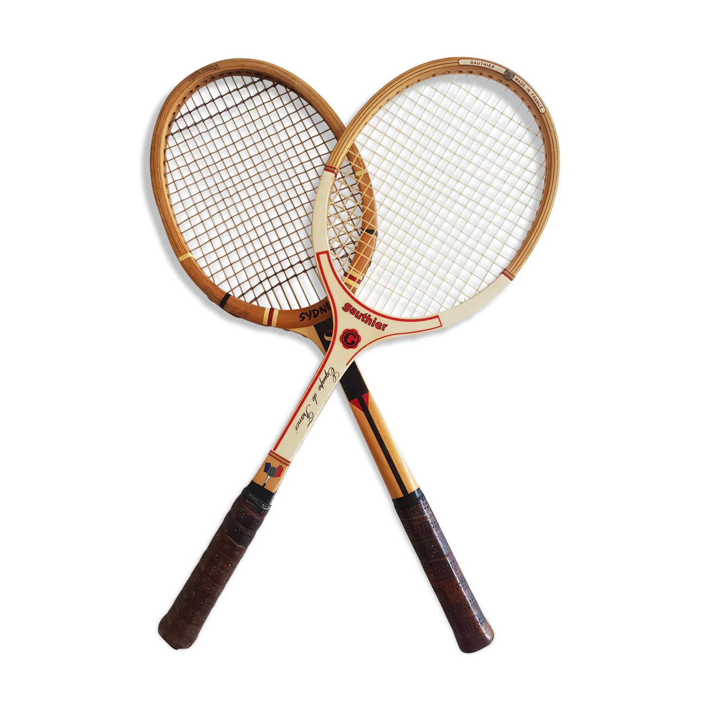 Two vintage collector tennis rackets, "Robert Haillet" and "Team de France"