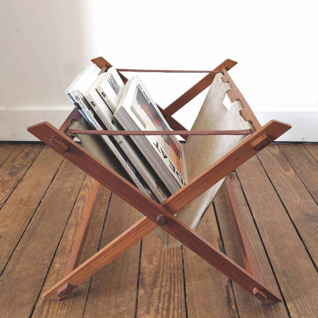 Scandinavian teak and leather magazine holder
