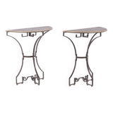 Pair of half-moon shaped console tables. Work of art craftsmanship.
