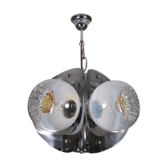 Seventies 70's suspension chandelier, 4 Murano glass globes for MAZZEGA Italy