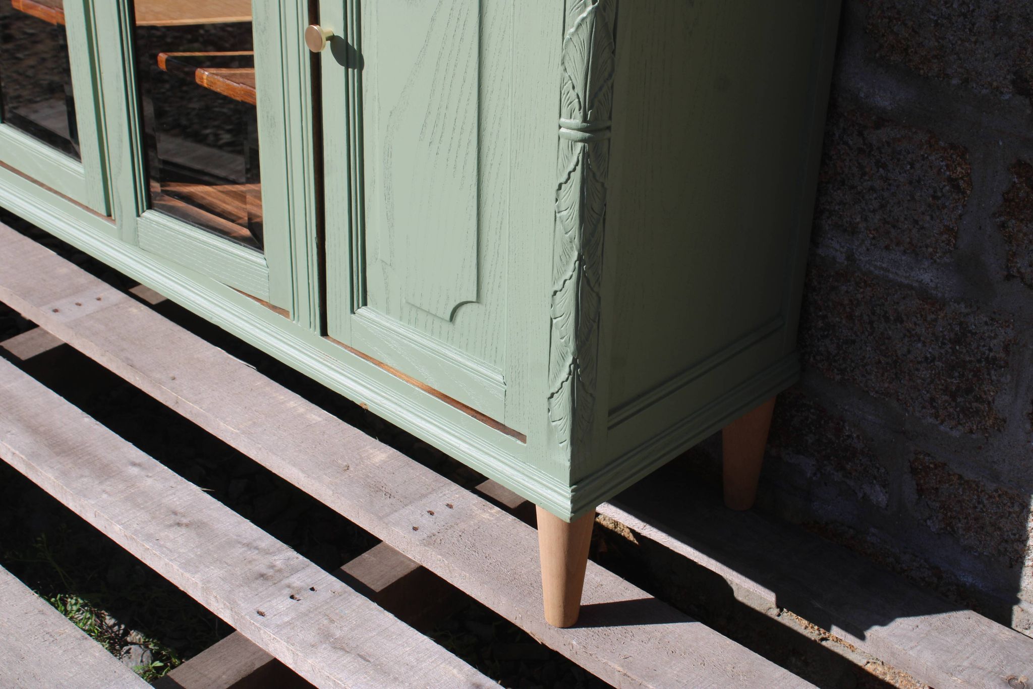 Renovated vintage sage green enfilade – wooden legs & bevelled display cabinets