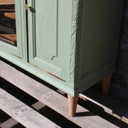 Renovated vintage sage green enfilade – wooden legs & bevelled display cabinets