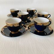 6 Lomonosov Cups and Saucers in Cobalt Blue with Gold Trim