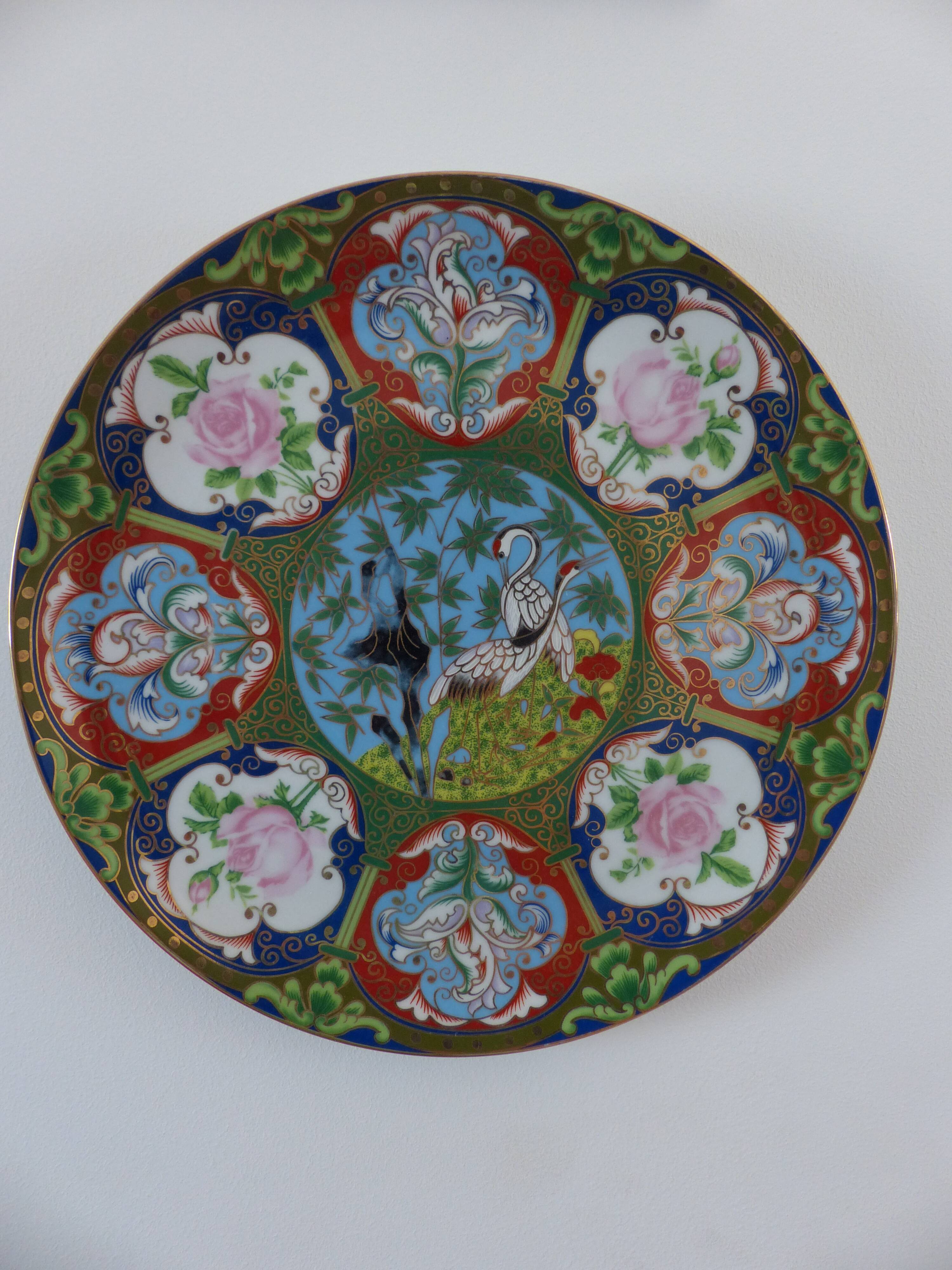 Vintage Japanese plate – Hand-painted cranes and flowers