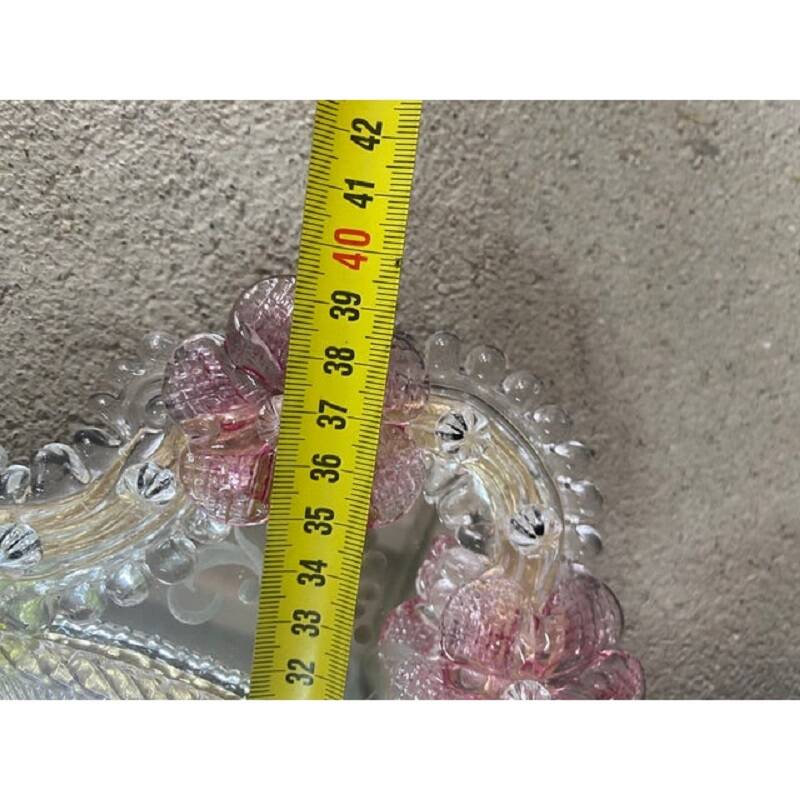 2000s Venetian Oval Green and Pink Floreal Hand-Carving Mirror in Murano Glass Style