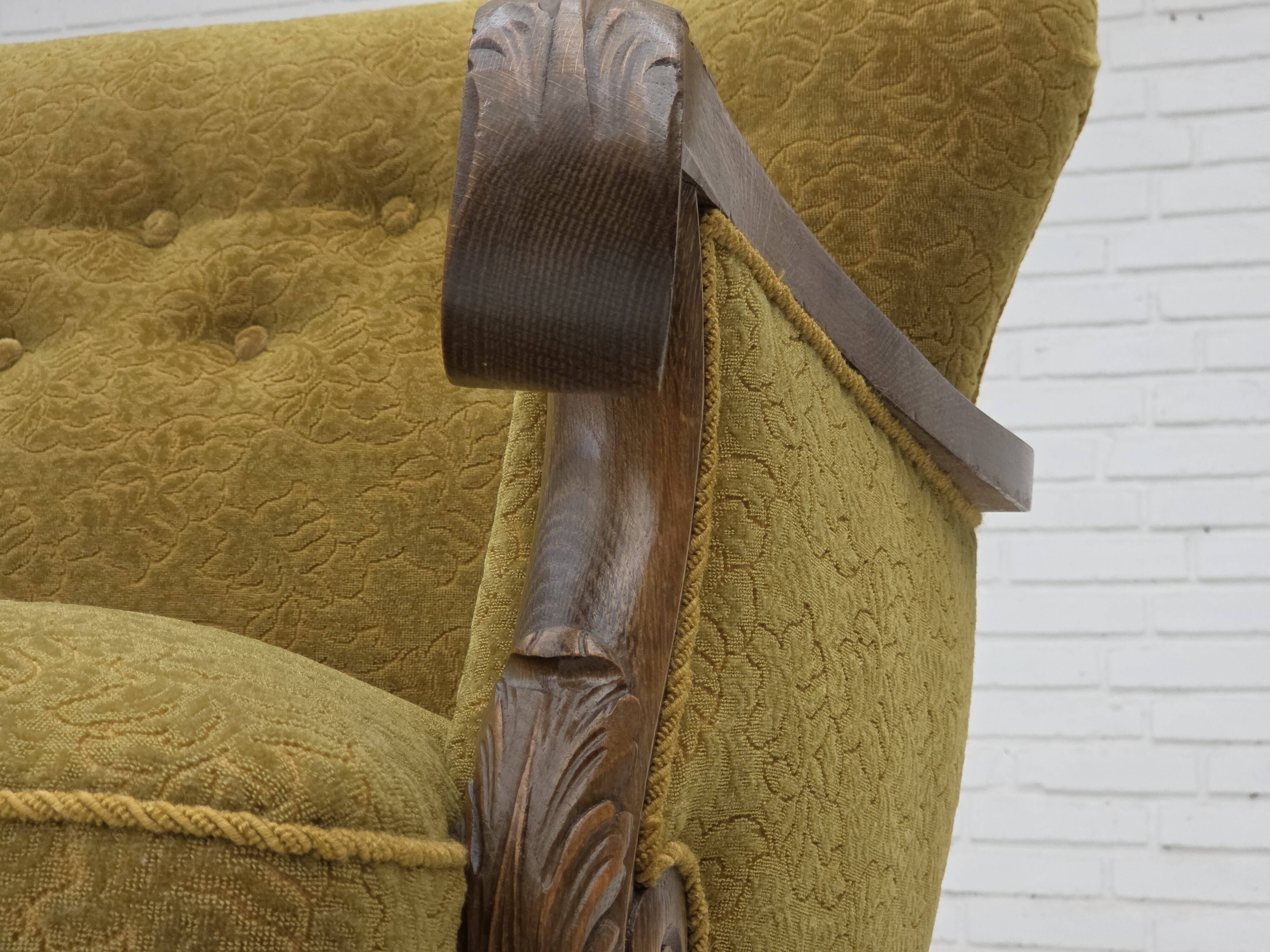 1960s, 3-seater Danish sofa, cotton/wool furniture fabric, solid oak wood.