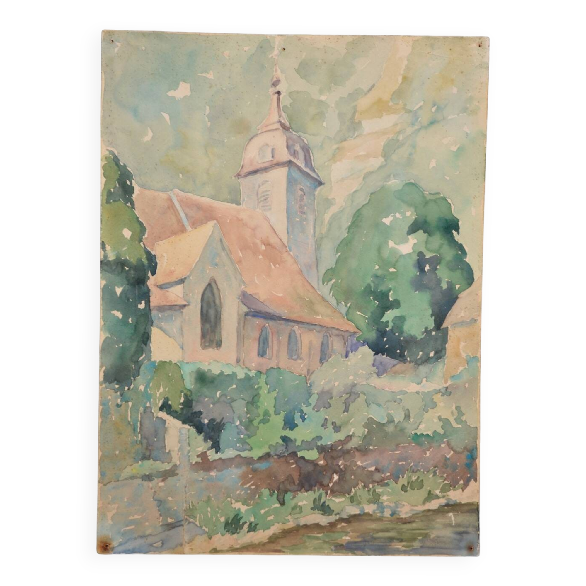 French school 20th century "the village church" watercolor, dated 1944