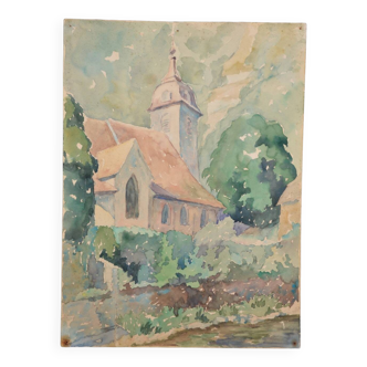 French school 20th century "the village church" watercolor, dated 1944