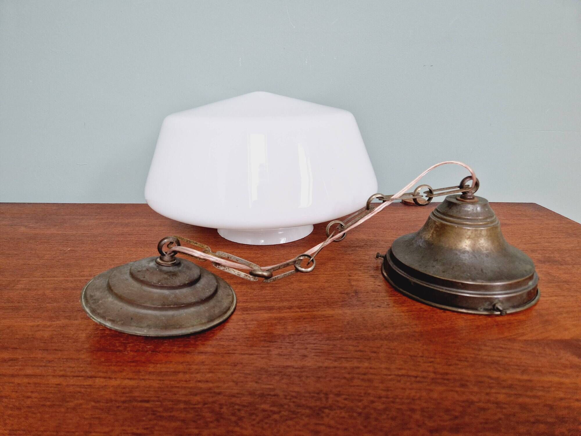 Large Art Deco pendant light in conical white opaline, 1920s-30s