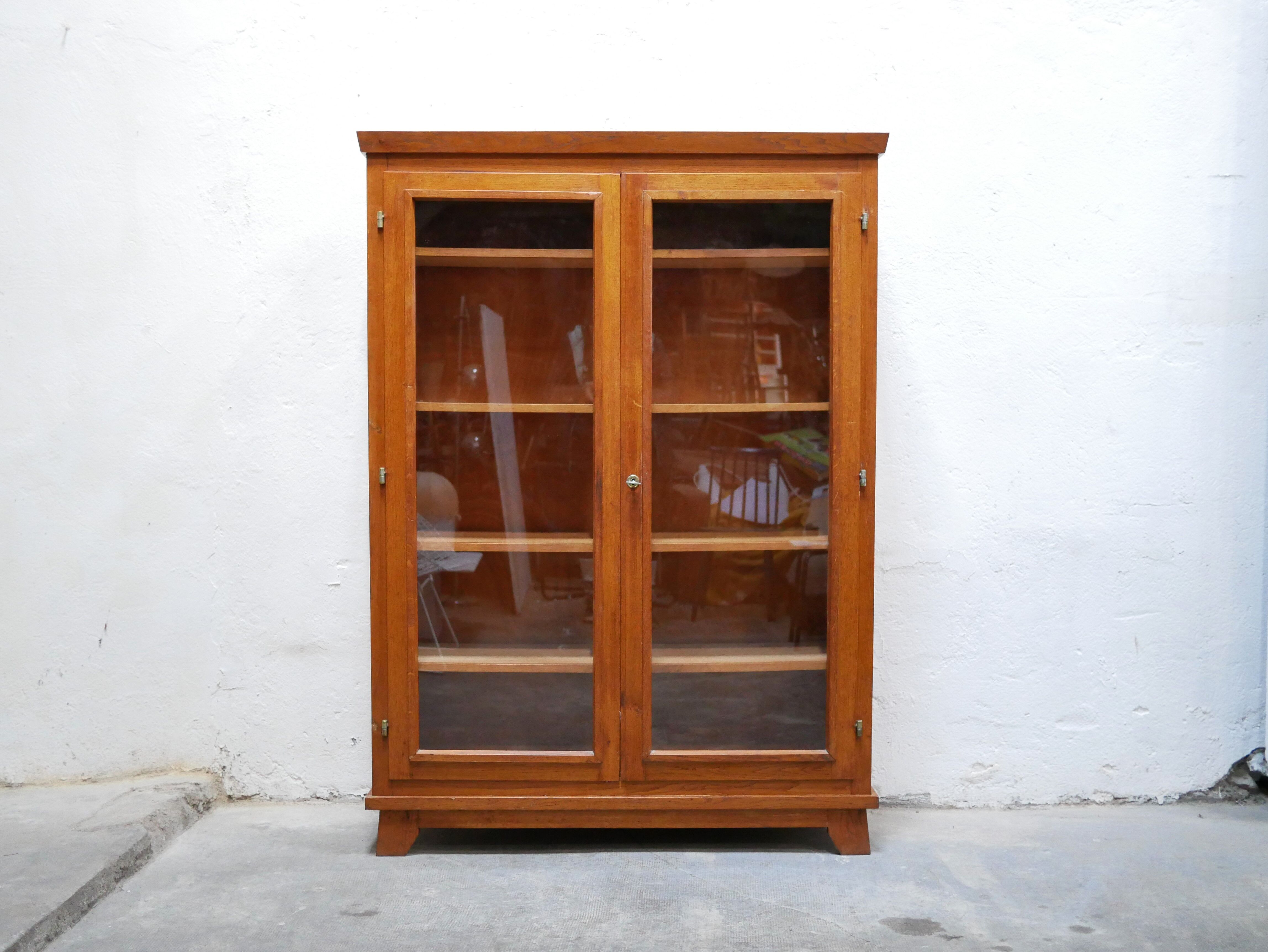 Vintage wooden glass bookcase cabinet