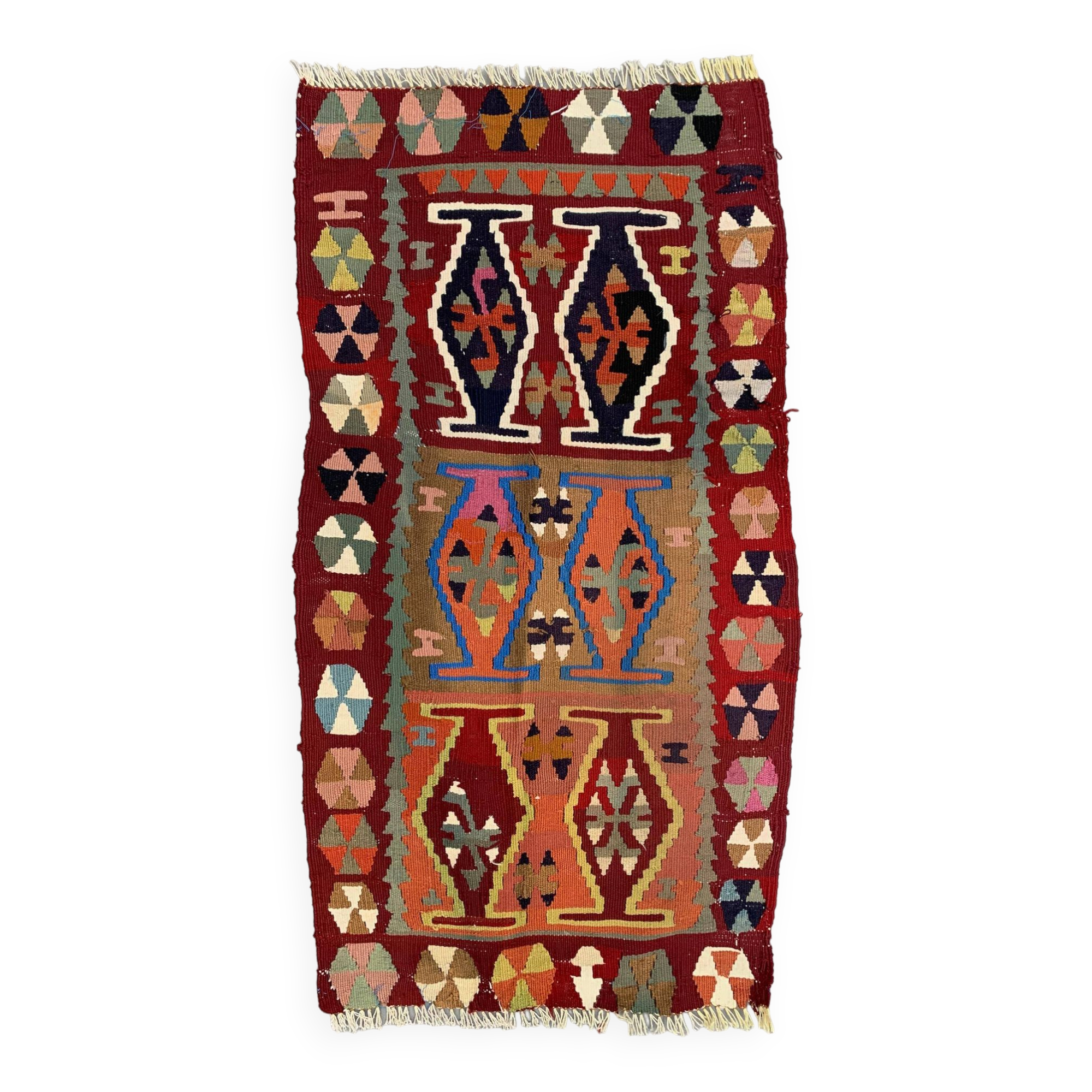 Vintage Turkish Mini Kilim 93x49 cm Wool Small Kelim Runner, shabby Chic