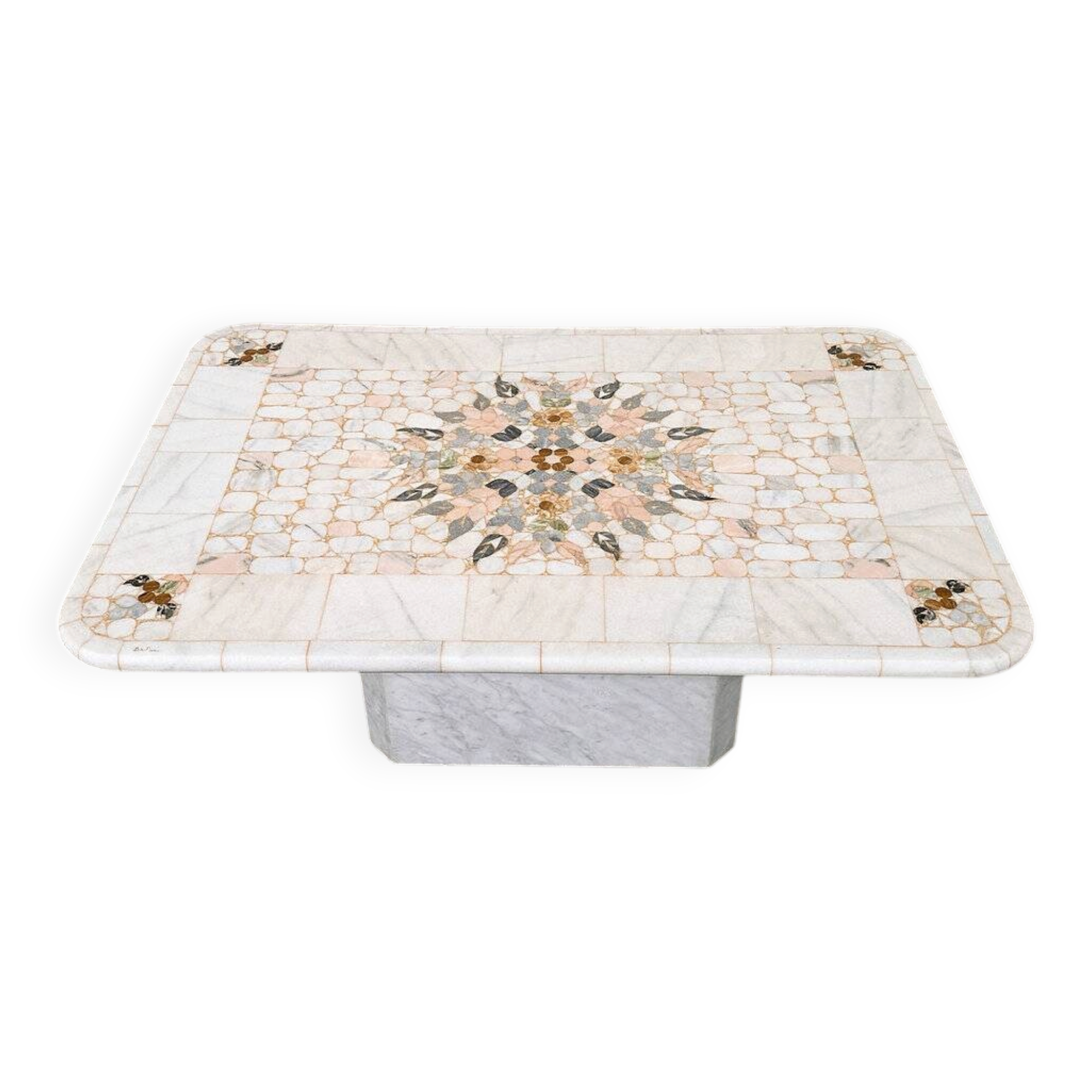 Large Italian pietra dura marble mosaic coffee table, floral inlay, Carrara marble