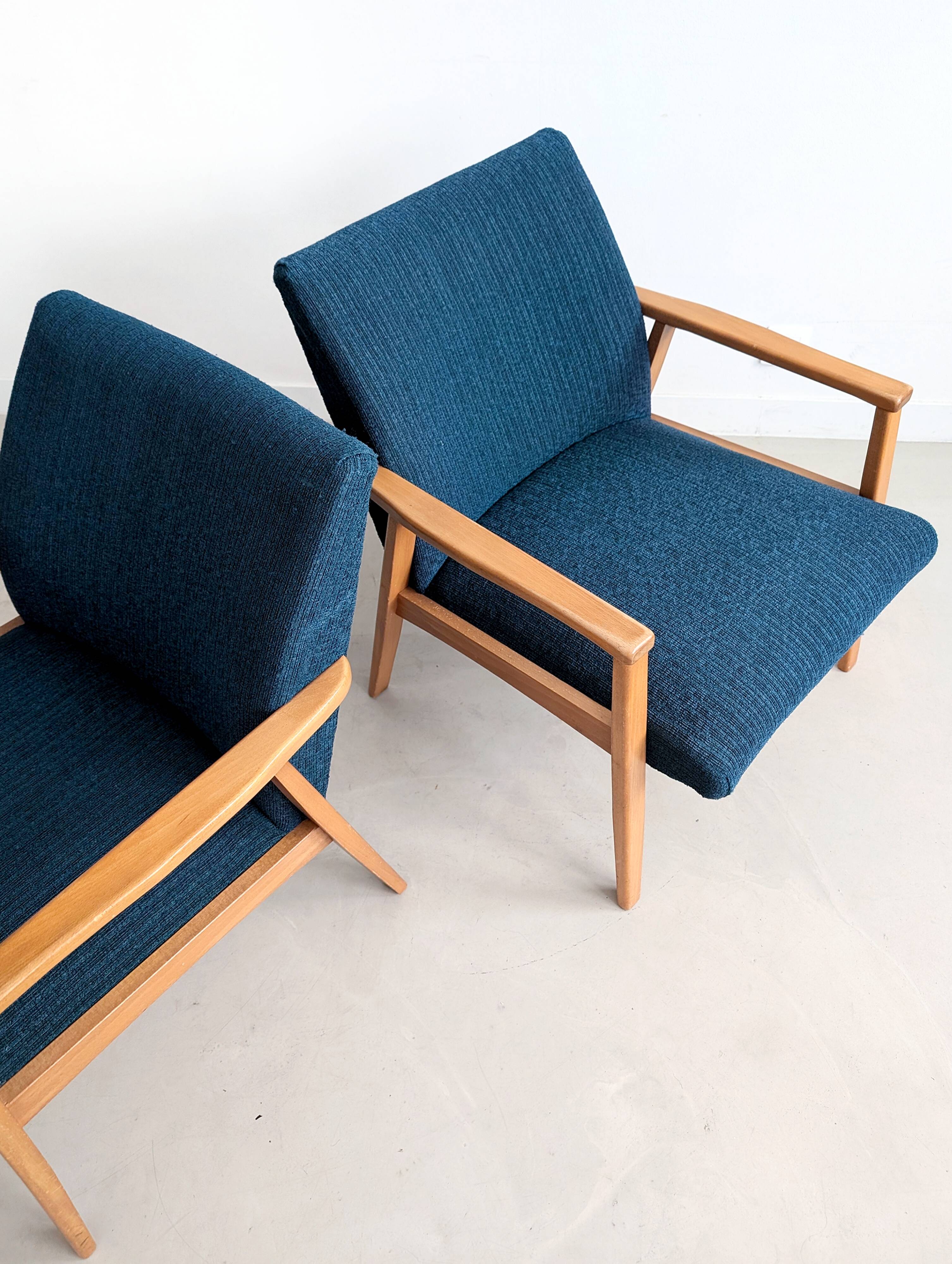 2 blue fabric armchairs, 1970s