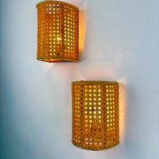 Pair of mid-century woven wicker & rattan wall sconces – Italy 1960s