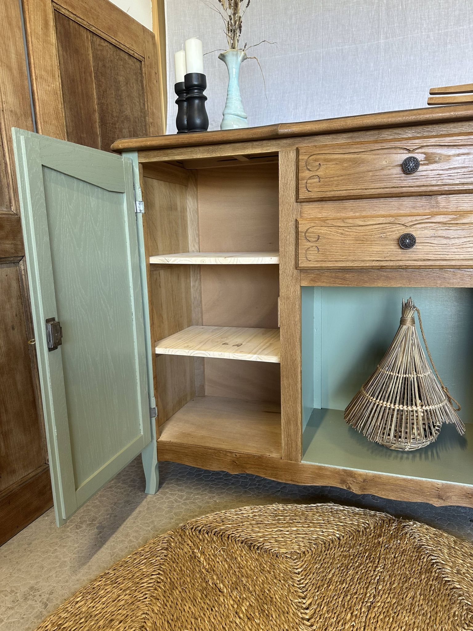 Vintage wooden buffet in sage green