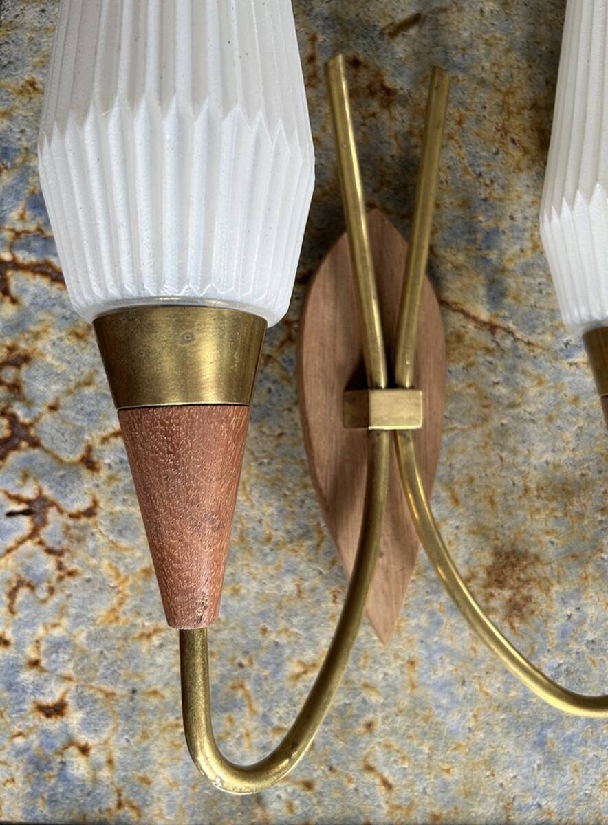 Pair of double wood, brass and opaline wall lights, Scandinavian spirit, vintage, 60s