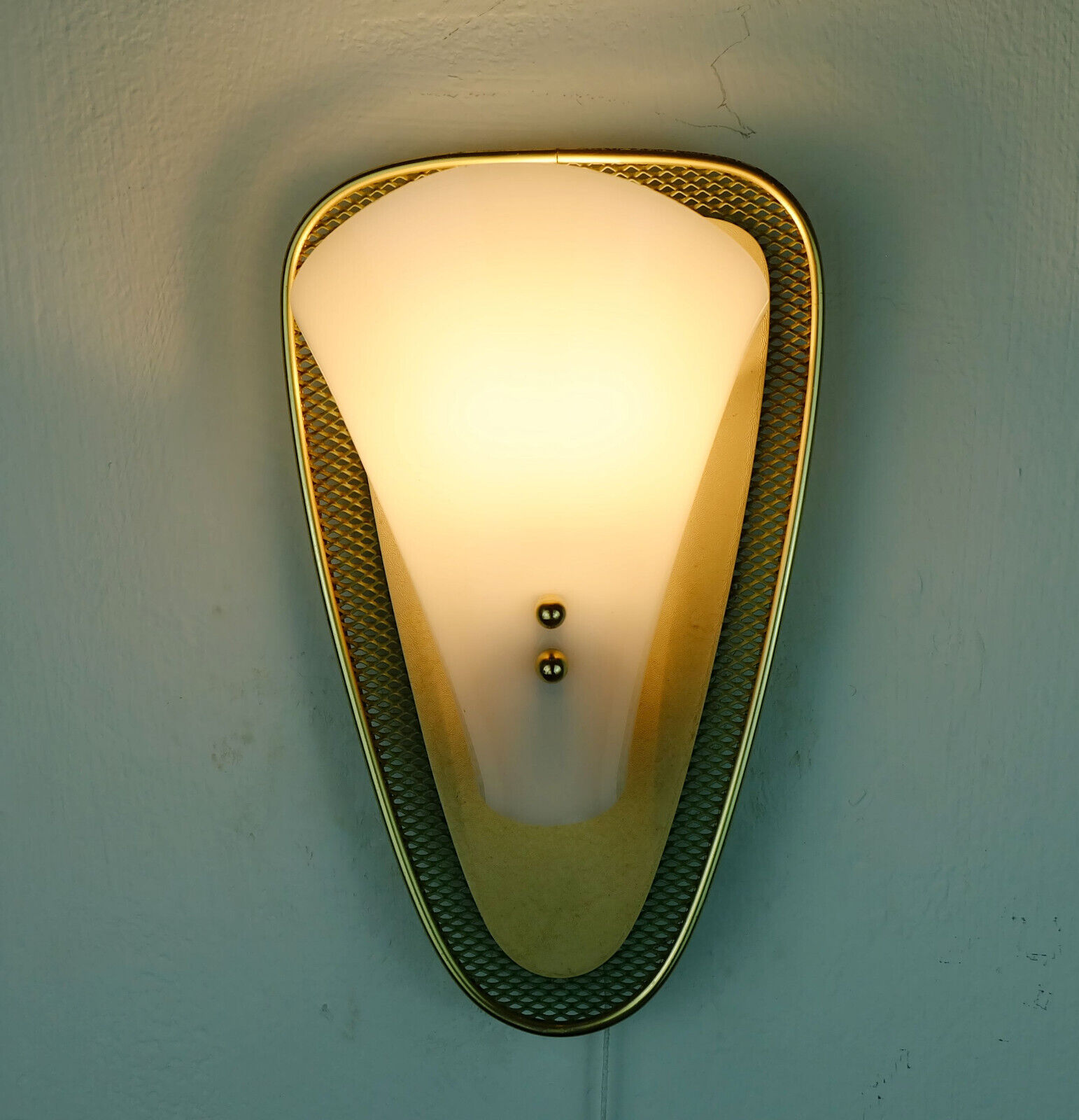 1950s sconce green metal mesh and brass with white acrylic shade