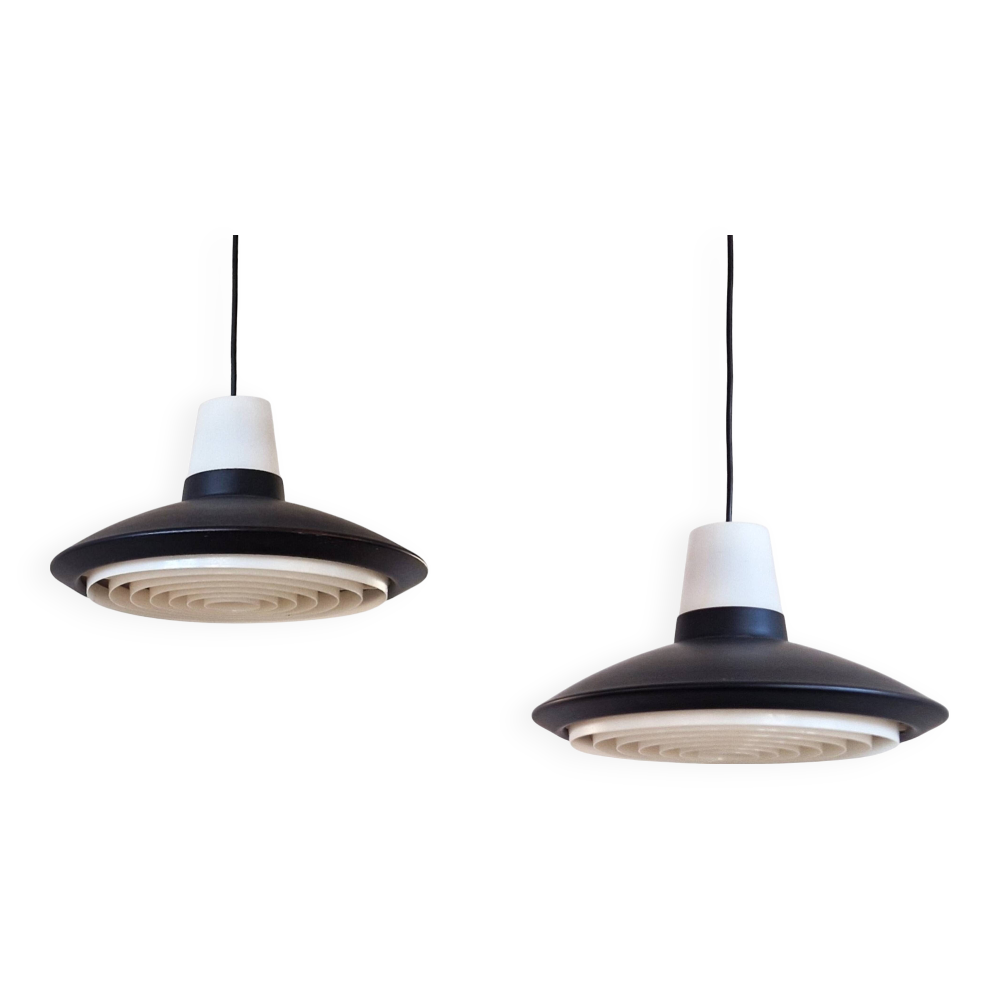 Set of 2 black and white pendant lamps for Nordisk Solar, Denmark 1960's