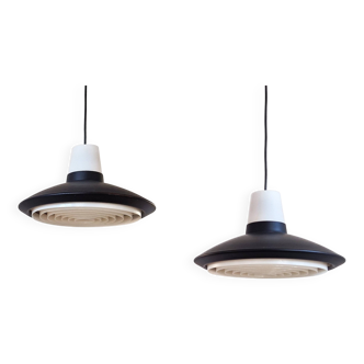 Set of 2 black and white pendant lamps for Nordisk Solar, Denmark 1960's
