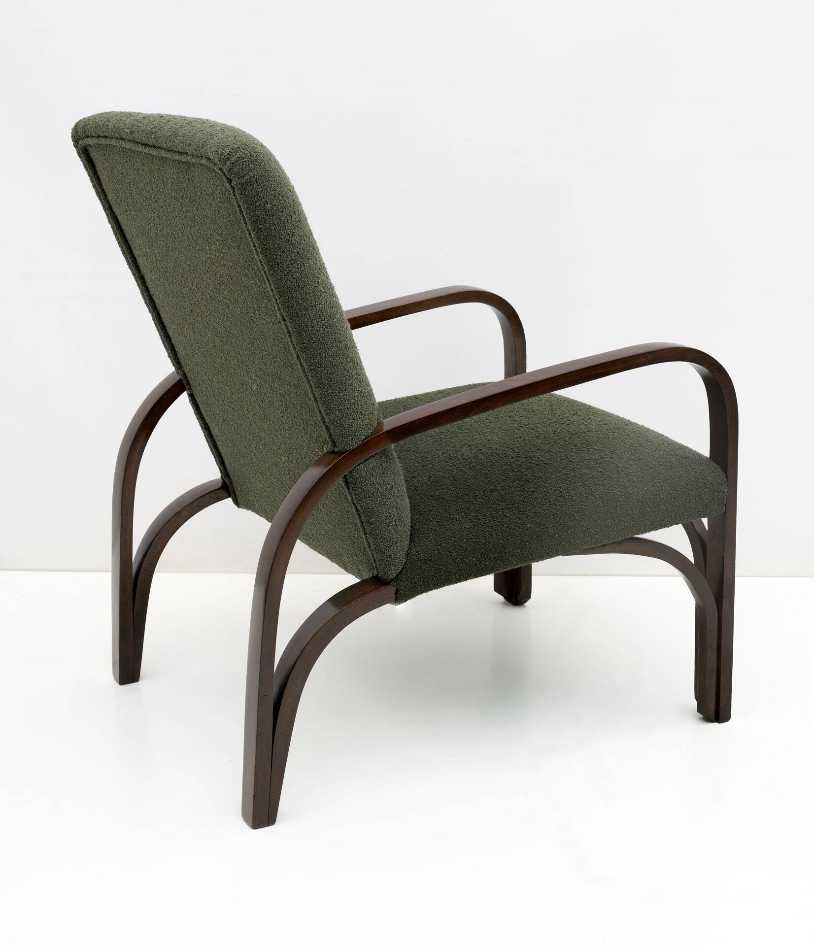 Ensemble Art Déco italien Bouclè vert composé de deux fauteuils et d'un petit canapé, années 1930