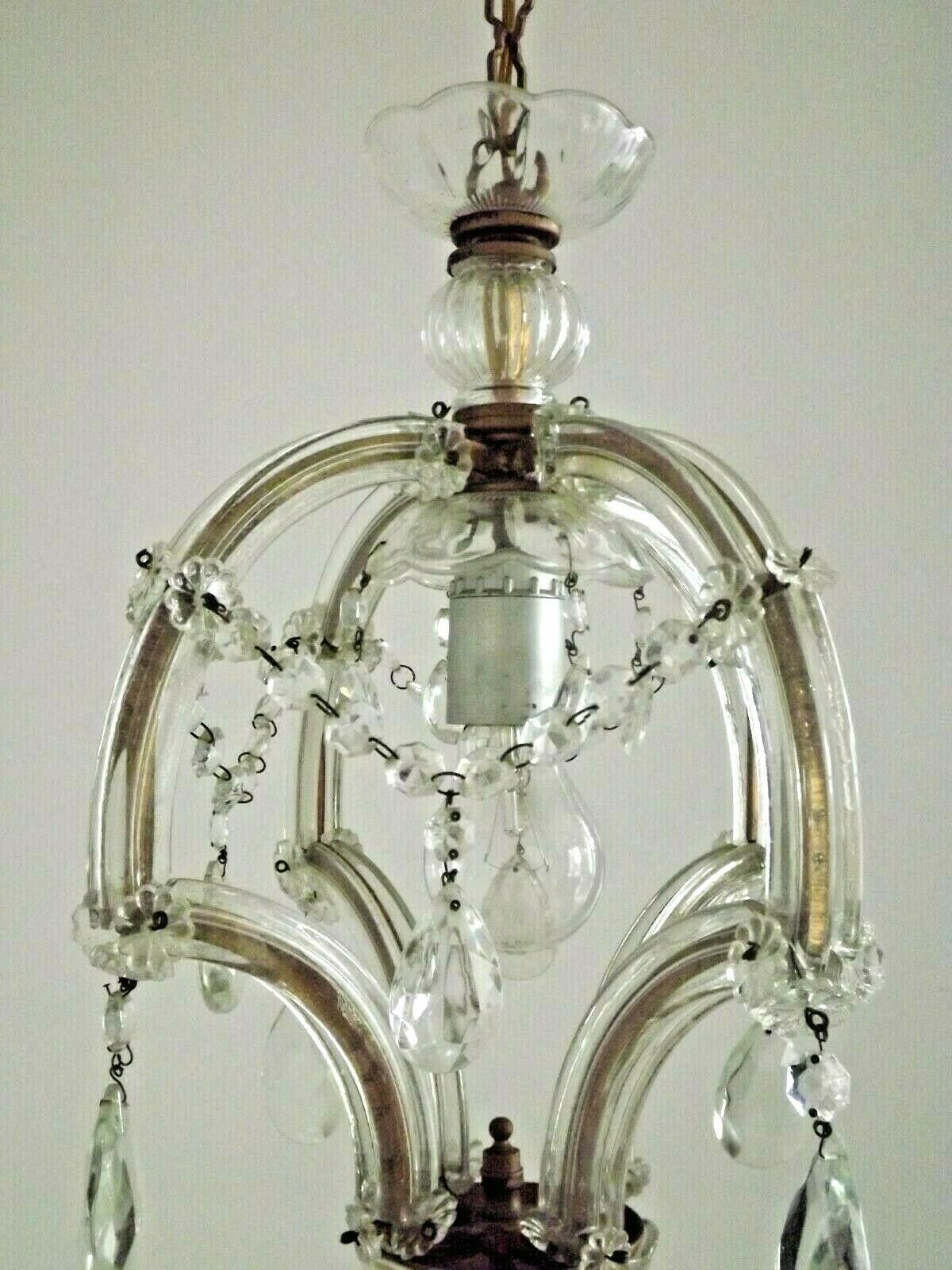 French vintage single light metal glass & acrylic crystal cage chandelier 3152