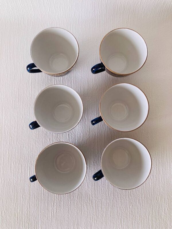 6 Tasses et Sous-Tasses Lomonosov Bleu Cobalt et Frises Or