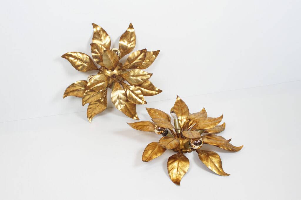 Wonderful pair gilded floral flush mount lights by Hans Kogl