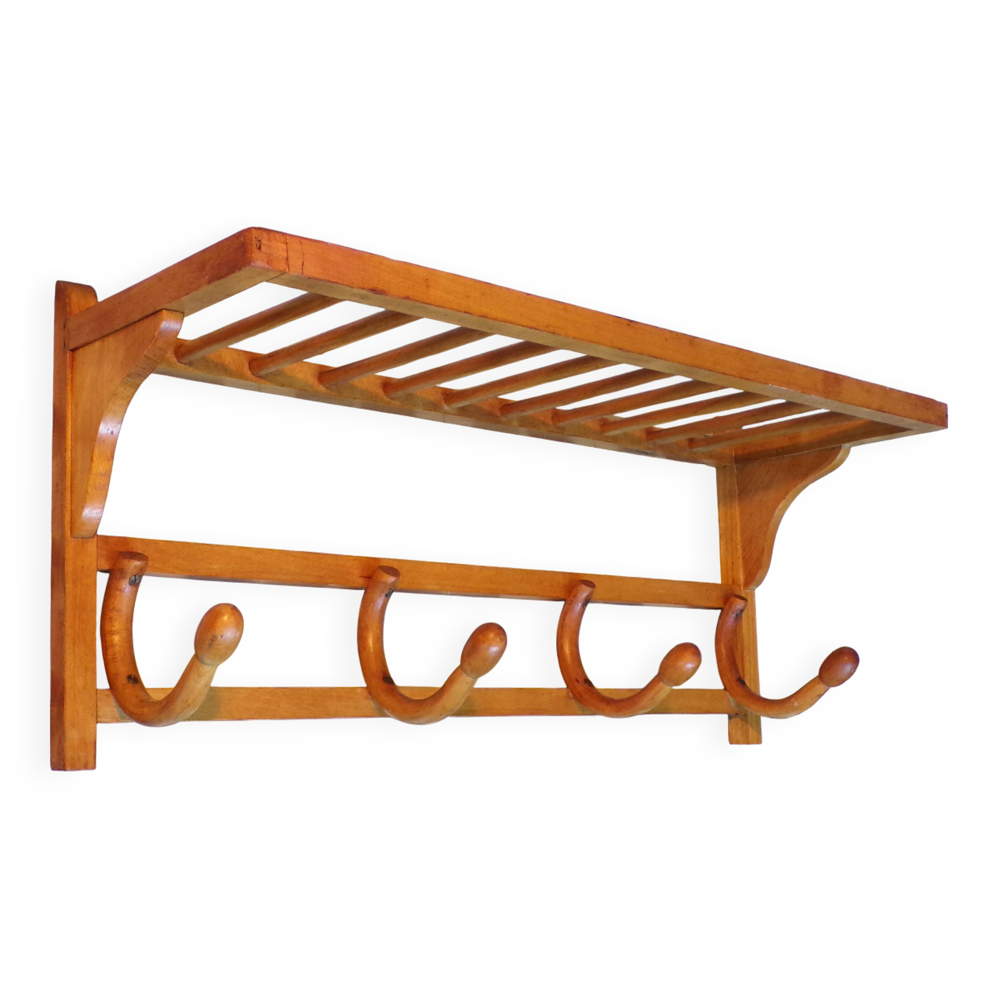 Curved wooden coat rack with shelf